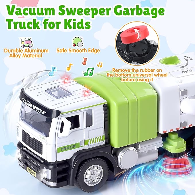 Garbage Truck Toy with Lights and Sounds, Play Vacuum Street Sweeper Trash Truck, Battery Powered Recycling Car Vehicle Toys for Boys Girls Kids Toddler Gift for Christmas Birthday