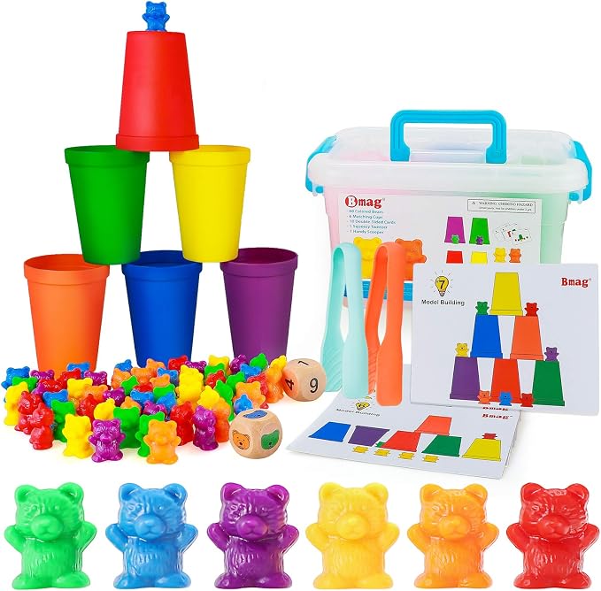Bmag Counting Bears with Matching Sorting Cups,Pre-School Math Learning Games with 2 Dices,Color Recognition STEM Educational Toy for Toddler Bonus Tweezers, Storage Box, Activity Cards by BMAG