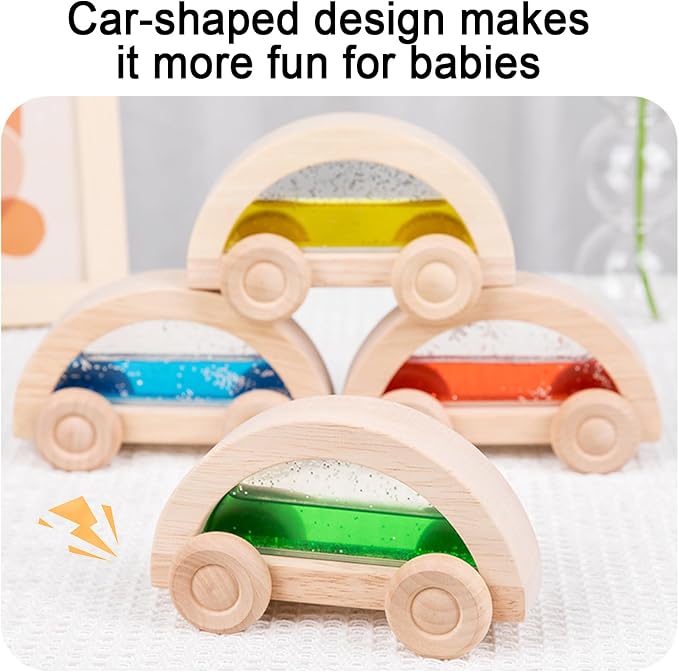 Dinhon Wooden Acrylic Water Glitter Car Toys for Toddlers 2-4, 4 Pack Colorful Sensory Water-Filled Cars, Montessori Toy Set for Boys Girls, Acrylic Rainbow Building Block Matching Products - Image 6
