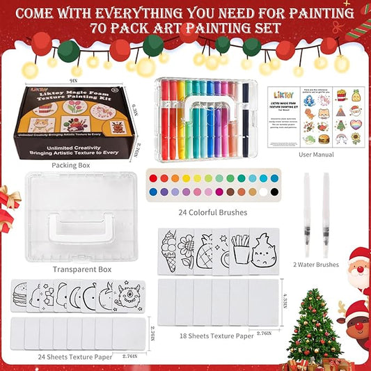 Liktoy 74Pcs Magic Foam Texture Painting Kit, 42Pcs Foam Texture Paper, 24 Colorful Brush, 2 Water Brushes, 3D Effect Texture Painting Set, Ideal for Halloween, Christmas, Birthday Gifts