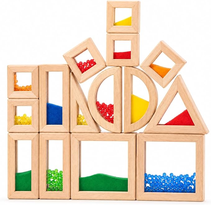 15-Piece Rainbow Sensory Wooden Building Blocks, Stacking Toys for Toddlers by lexza