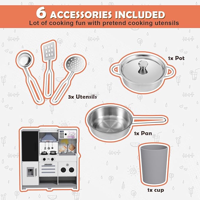 JOYDIAS Kids Play Kitchen Set, Pretend Wooden Kid Kitchen Playset Toy Kitchen w/Sound and Light, Running Water, Oven, Ice Maker, Blackboard & Recycling Bin, Toddler Kitchen for Kids Ages 3+