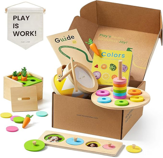 Tiny Land Montessori Toy Set for Baby 13-15 Months Explorer Play Kit - 7-in-1 Baby Drum, Carrot Harvesting and Coin Boxes, Stacking and Color Matching Plate, Size Matching Puzzle, Color Board Book