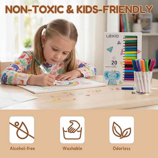 Lexio Washable Markers For Kids, 20 Vibrant Coloring, Washable Non Toxic Markers for Toddlers, with Conical Tip, Safe Water-Based, Coloring Art Supplies for Preschool Gift, 20 Pcs