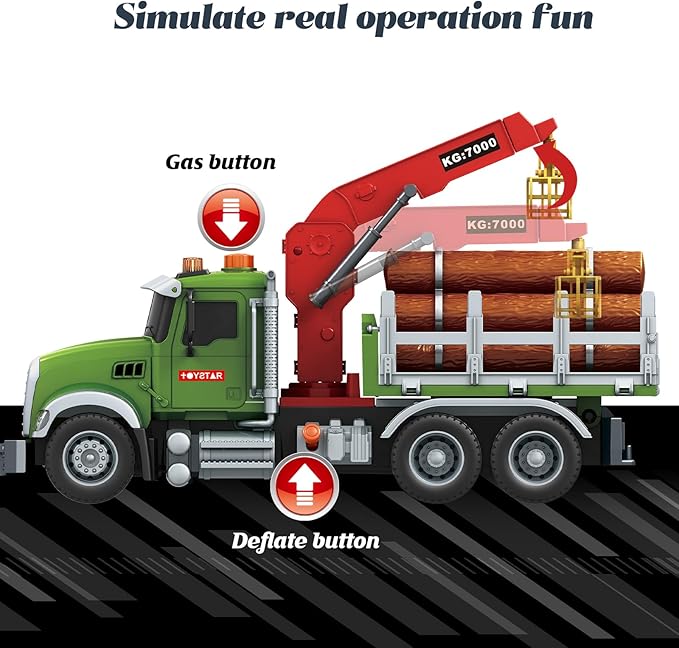 15 Inch Friction Powered Timber Truck Toy with Loading Crane, 6 Wooden Logs & Lights/Sounds - Play Vehicle Gift for Boys Girls Kids Ages 3-7