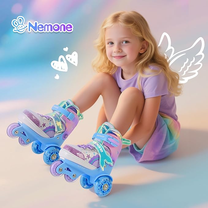 NEMONE Mermaid 4 Size Adjustable Light up Roller Skates for Girls, Purple Blue Skates for Toddlers, Beginner Kids Butterfly Roller Skates Indoor Outdoor