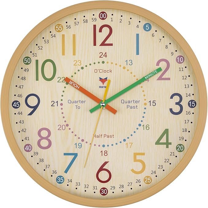Foxtop Learning Clock for Kids - Telling Time Teaching Clock 12 Inch Silent Non-Ticking Battery Operated Kids Wall Clock for Kids Room Playroom Nursery Classroom School by Foxtop