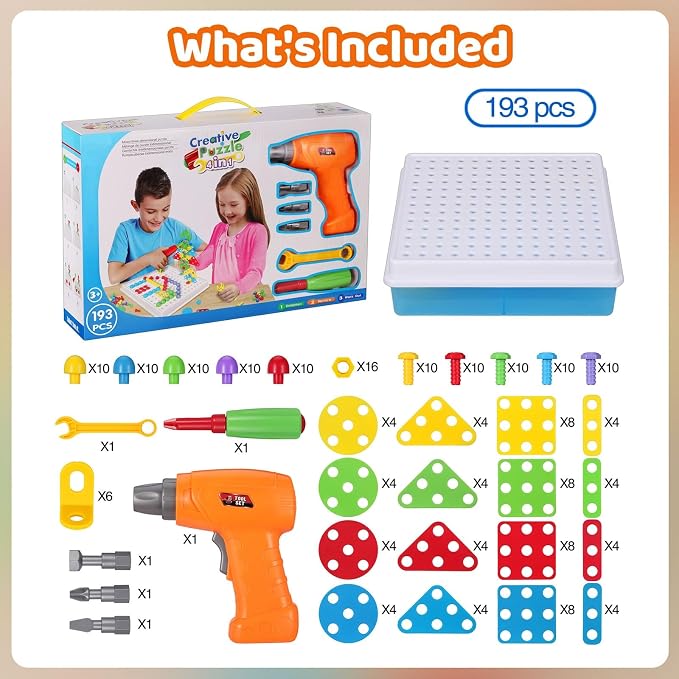 STEM Drill & Build Kit for Kids Ages 3-8 | Electric Toy Drill with 193+ Pieces (Screws, Nuts, Rainbow Fasteners) | Creative Design Construction Toys for Boys Girls | Gift for Birthdays, Christmas - Image 9