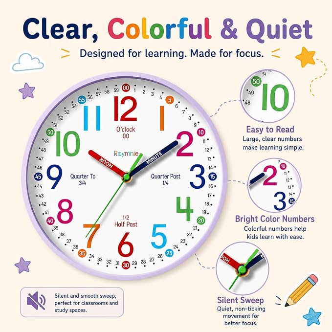 Roymnie Wall Clock 8" for Kids Learning Battery Operated Teaching Silent - Image 7