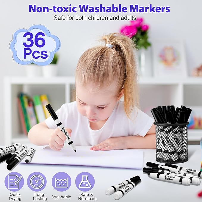 Janlaugh 36 Pcs Black Washable Markers Bulk Coloring Broad Line Markers for Kids Black Conical Tip Drawing Pen for Christmas, School, Travel Art Baby Shower Gender Reveal Party Supplies, Ages 6+