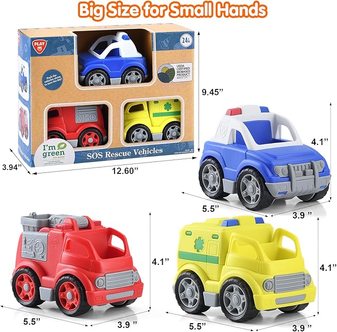 PLAY Eco-Friendly 3 in 1 Emergency Vehicle Toy Set, [USDA Certified] No BPA/Phthalate/PVC, Recycled Bioplastic Rescue Vehicle with Fire Truck, Police Car & Ambulance Toy