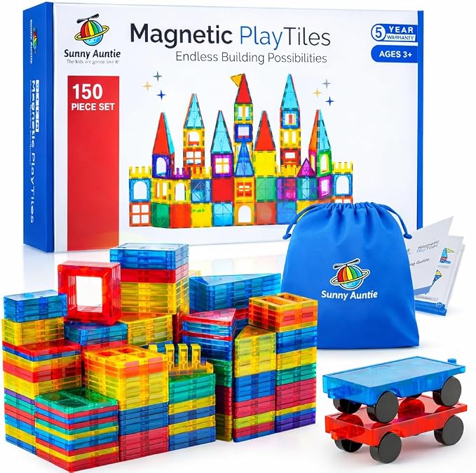 SUNNY AUNTIE Magnetic Tiles STEM Toys Building Set, Ages 3+ - 150 Pieces by SUNNYAUNTIE