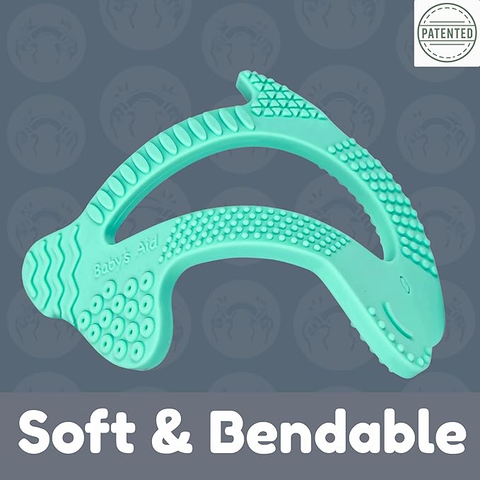 Dolphin Silicone Teether Toy with 8 Texture Zones, Easy Grip for Little Hands, Ages 3M+, Baby’s Aid (Aqua Mint)