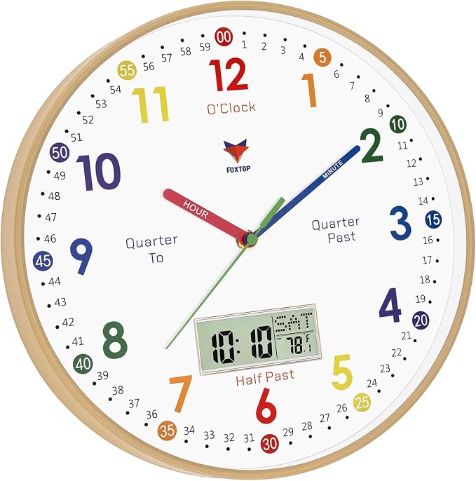Foxtop Digital and Analog Learning Clock for Kids - Telling Time Teaching Clock 12 Inch Silent Non-Ticking Battery Operated Kids Wall Clock for Playroom Nursery Classroom School - Image 6