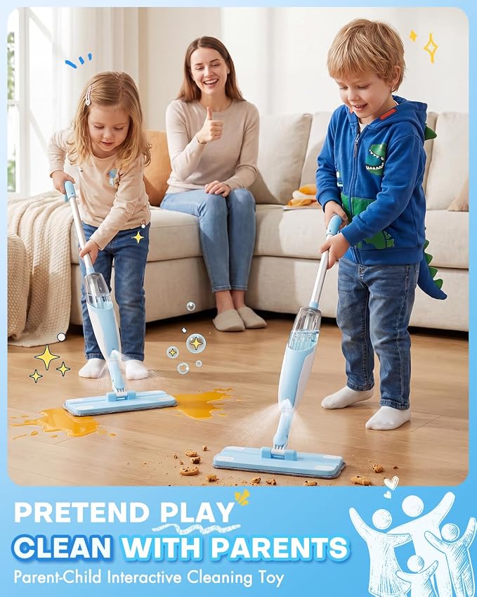 Kids Spray Mop, Blue Toddler Cleaning Set with Refillable Water Spray Tank, Lightweight Pretend Play Mop Toy for Boys Girls, Montessori Housekeeping Toy Gift - Image 3
