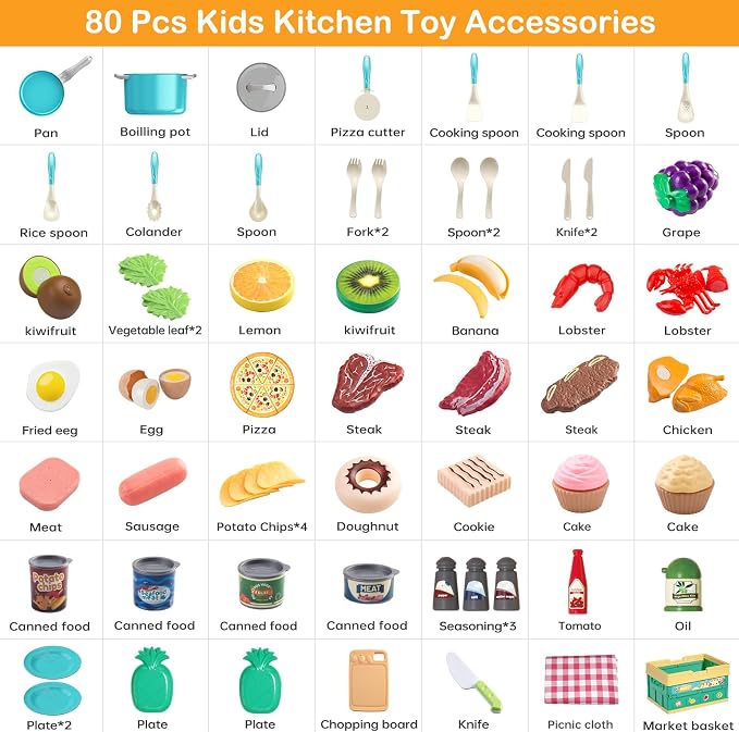 80Pcs Kitchen Playset, Toddler Pretend Cooking with Pots, Pans, Cookware, Food, Picnic Blanket, Fruits, Veges, Shopping Storage Basket, Dessert , Learning Gift for Girls Boys (Turquoise) - Image 4