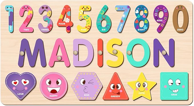 Personalized Name Puzzle for Kids, Customized Baby Gifts, Wooden Shapes Puzzles for Toddlers Boy and Girl, 1 Year Old Girl Gifts, Baby Shower