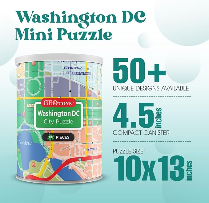Geotoys Washington, D.C. Mini Puzzle - 100 Piece Puzzles for Kids and Adults in Portable Can, 13" x 10" Educational Travel Puzzle for Ages 7 and Up - Mini Puzzles to Learn & Explore Geography - Image 2