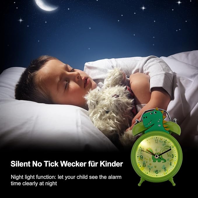 TCJJ Dinosaur Alarm Clock for Kids, Cool Bedroom Decoration, Non Ticking Silent Second Hand, w/Backlight Super Loud Twin Bell, for Kids Dinosaur Gifts (Green) - Image 6