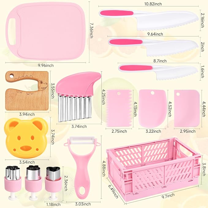 28PCS Toddler Knife Set - Kids Knifes for Real Cooking, Wooden Kids Kitchen Knife Set with Gloves Cutting Board Crinkle Cutters Kid Safe Knives, Toddlers Kitchen Tools (Crocodile 16PCS Set) - Image 2