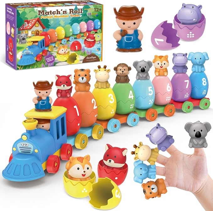Grarain Toddler Train Toy Set with Farm Animal Finger Puppets & Eggs, Montessori Educational Color Number Sorting Matching Learning Toys for Kids Boys Girls 1-3 Year Old, Fine Motor Gifts by Grarain