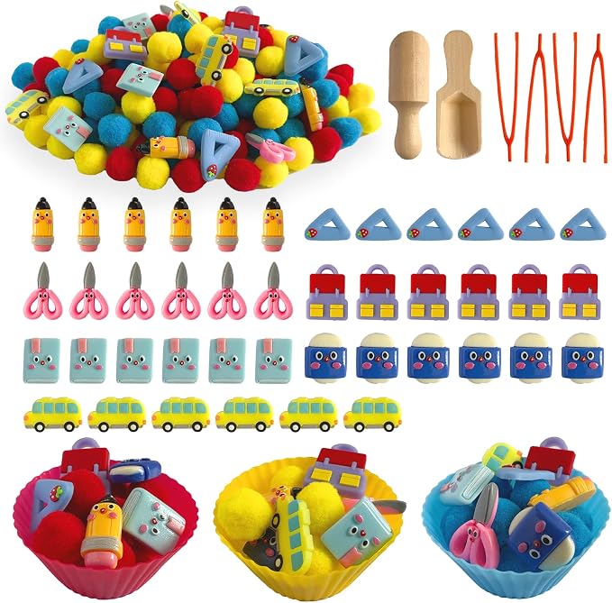 154Pcs Back to School Sensory Bin Filler Fine Motor Toys Stationery Sensory Bin Items Counting Sorting Toy for Preschool Education Activities Include Pom Poms Pen Scissors Notebooks Cup by Unvola