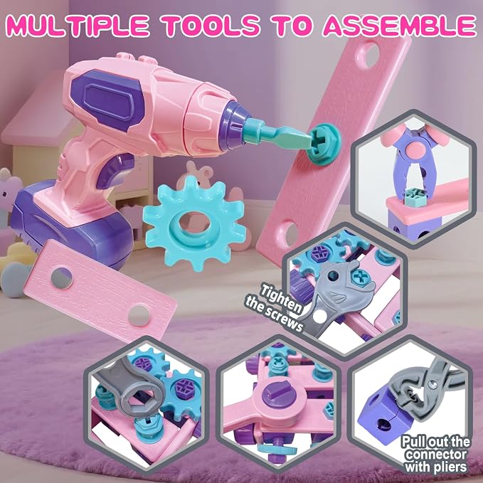 VEAIS Pink Kids Tool Set for Girls,Tool Set with Drill &Toolbox,STEM Montessori Toys for 3 4 5 Year Old,Pretend Play Kid Toy,Educational Construction Toy for 3-6 Year Old Girl,Birthday Gift for Kids - Image 5