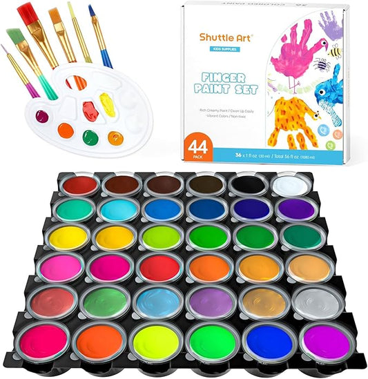 Shuttle Art Washable Finger Paint, 44 PCS with 36 Colors (1 fl oz) Toddler Paint, Paint Brushes, Palette, Non-Toxic Finger Painting for Toddlers