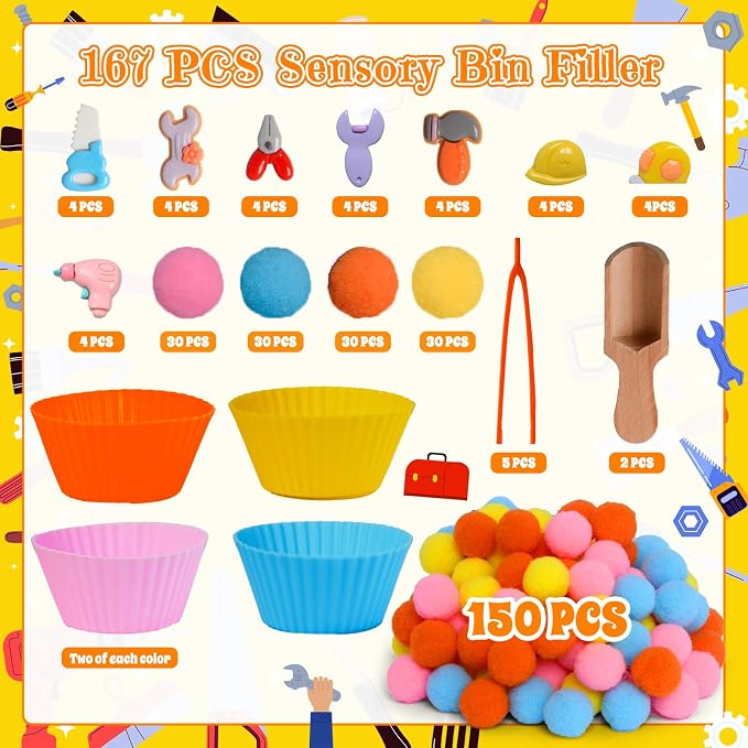 167pcs Tool Sensory Bin Filler Fine Motor Toys Kids Tool Box Sensory Bin Items Tape Measure Toy Drill Hammer Pliers Open-End Combination Wrench Hard Hat Hand Saw for Preschool Education Activities - Image 3