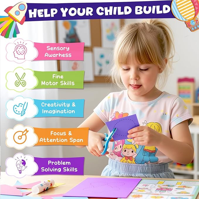 YoPoll Scissor Skills Activity Book for Kids, Toddler Arts and Crafts Kit with 2 Safety Scissors, Preschool Learning Toy for Fine Motor Skills and Creative Cutting Practice, Fun Gift for Boys & Girls