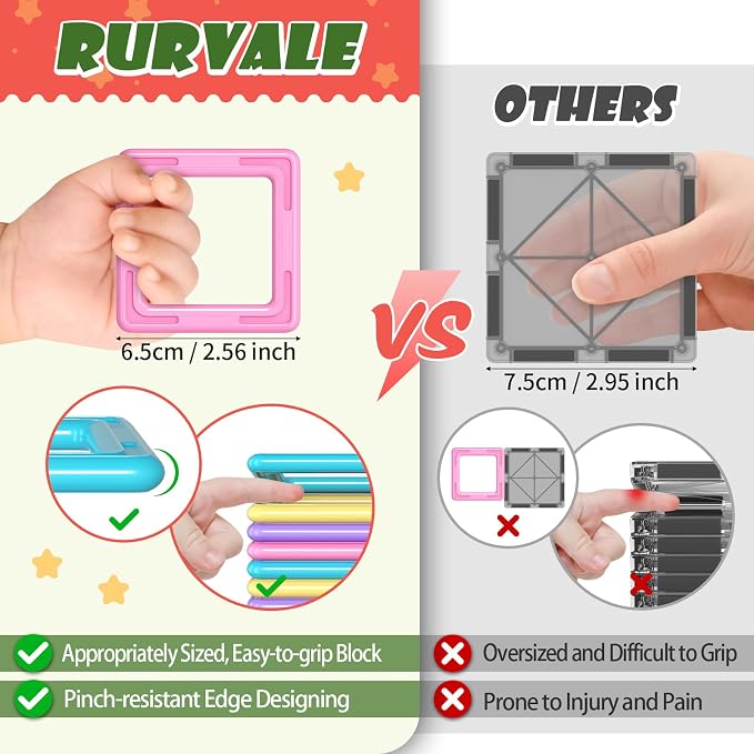 Rurvale 100Pcs Magnetic Tiles, Magnet Blocks for 3 4 5 6 7 8 Year Old Boys Girls, Learning Educational STEM Toys for Toddlers 3-5, 4-8, Building Blocks for Kids Ages 3+ Birthday Gifts - Image 2