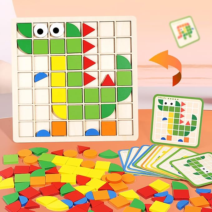 Wooden Pattern Blocks Set 120 Pcs Geometric Shapes Puzzle Classic Montessori Educational Tangram Toys with 24 Design Cards for 4-8 Year Old Kids - Image 4