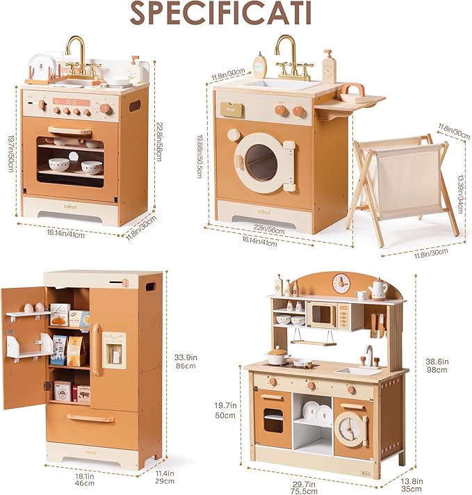 ROBOTIME Caramel Wooden Kids Play Kitchen – 4-in-1 Toddler Role Play Kitchen Set with Fridge, Washing Machine & Iron, Dishwasher – Pretend Cooking Playset for Boys & Girls Ages 3+