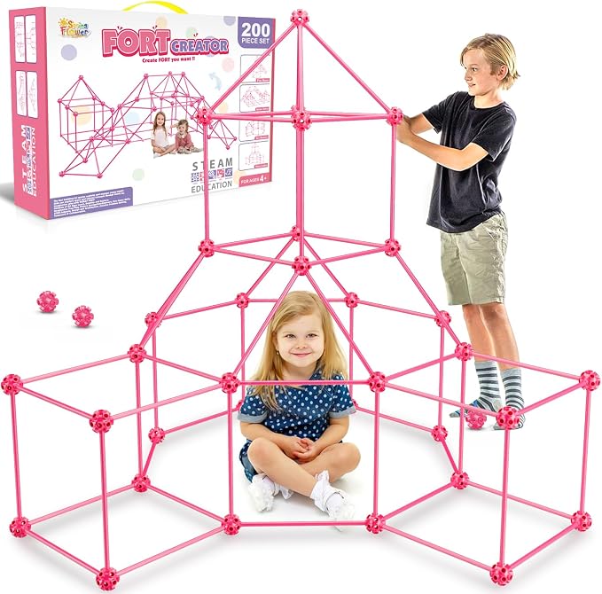 SpringFlower Fort Building Kit for Kids,STEM Construction Toys, Educational Gift for 4 5 6 7 8 9 10 11 12 Years Old Boys and Girls,Ultimate Creative Set for Indoor & Outdoors Activity,200 Pcs,Pink by SpringFlower