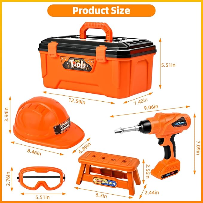 ‌Realistic Kids Drill Tool Set with 48PCS Tools & Sound Effects, Portable Construction Toy for Toddlers Ages 3+ with Safety Gear, STEM Learning Pretend Play for Family Bonding Activities