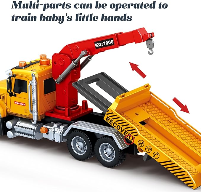 Friction Powered 15 Inch Large Tow Truck Toy with Lights & Sounds, Movable Crane Arm, Tilt Ramp & Roadster - Vehicle Play Set Gift for Boys Girls Kids Ages 3-7