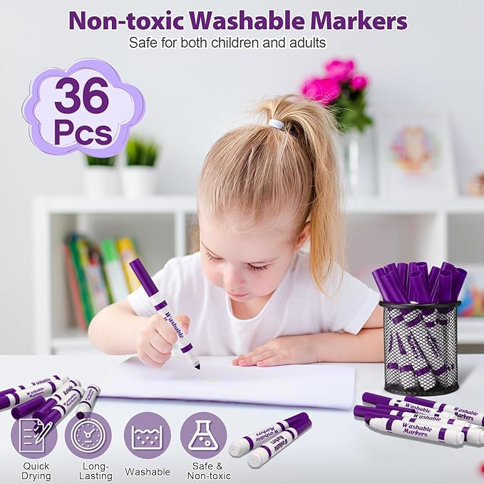 Janlaugh 36 Pcs Purple Washable Markers Bulk Coloring Broad Line Markers for Kids Conical Tip Drawing Pen for Christmas, School Supplies, Travel Art Baby Shower Gender Reveal Party Supplies, Ages 6+