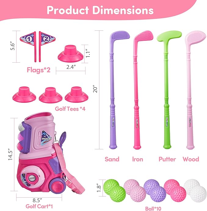PJG Toddler Golf Set, Plastic Kids Golf Clubs 3-5 with 4 Golf Clubs and 10 Balls, Indoor and Outdoor Golf Toys with Cart for Toddlers Boys and Girls Aged 1 2 3 4 5 Years Old Birthday (Pink)