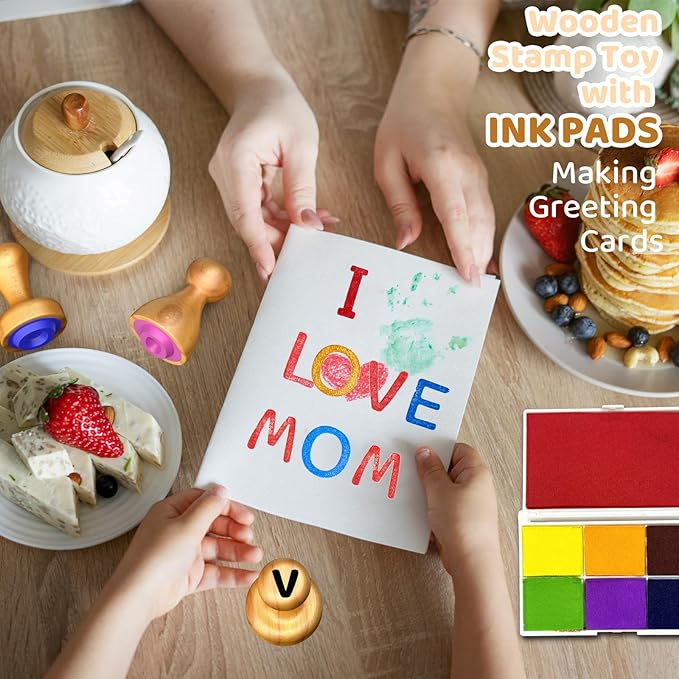 ‌Wooden Alphabet & Number Stampers Set with 7-Color Ink Pad | ABCs 123s Learning Stamps & Flashcards | Preschool Homeschool Classroom Supplies Gift for Ages 3+