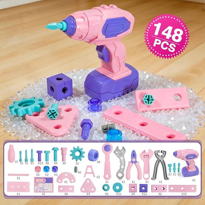 VEAIS Pink Kids Tool Set for Girls,Tool Set with Drill &Toolbox,STEM Montessori Toys for 3 4 5 Year Old,Pretend Play Kid Toy,Educational Construction Toy for 3-6 Year Old Girl,Birthday Gift for Kids - Image 2