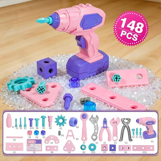 VEAIS Pink Kids Tool Set for Girls,Tool Set with Drill &Toolbox,STEM Montessori Toys for 3 4 5 Year Old,Pretend Play Kid Toy,Educational Construction Toy for 3-6 Year Old Girl,Birthday Gift for Kids - Image 2
