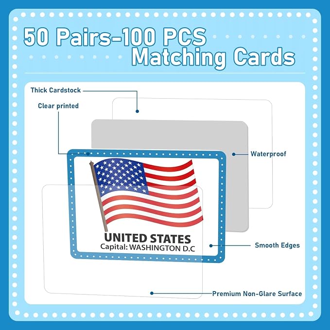 gisgfim 100 PCS Memory Matching Game Flags of The World Concentration Memory Card for Kids and Adults Learning Educational A Fun & Fast Countries of The World Matching Games - Image 3