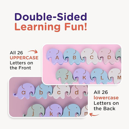 Montessori Natural Wooden Alphabet Elephants - 26-Piece Snap-Together ABC Learning Toy with Upper & Lowercase Letters - Educational Fine Motor Skills & Vocabulary Building for Toddlers & Kids Ages 3+