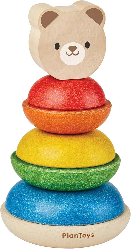 PlanToys® Bear Stacking Ring Wooden Montessori Fine Motor and Early Learning Toy | Size Sequencing, Colour Sorting and Coordination Activity | Eco Friendly Educational Toy for Toddlers