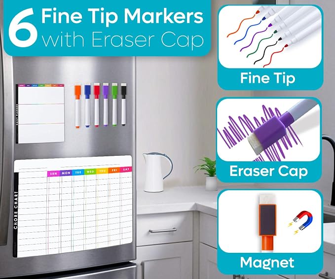 Magnetic Chore Chart Dry Erase Whiteboard Set - Pocket Charts for Multiple Kids, Teens & Adults (15"x 11.5"), Daily to-Do, Grocery, Notes (9"x 7") -Behavior Chart for Fridge & 6 Fine Tip Markers - Image 5