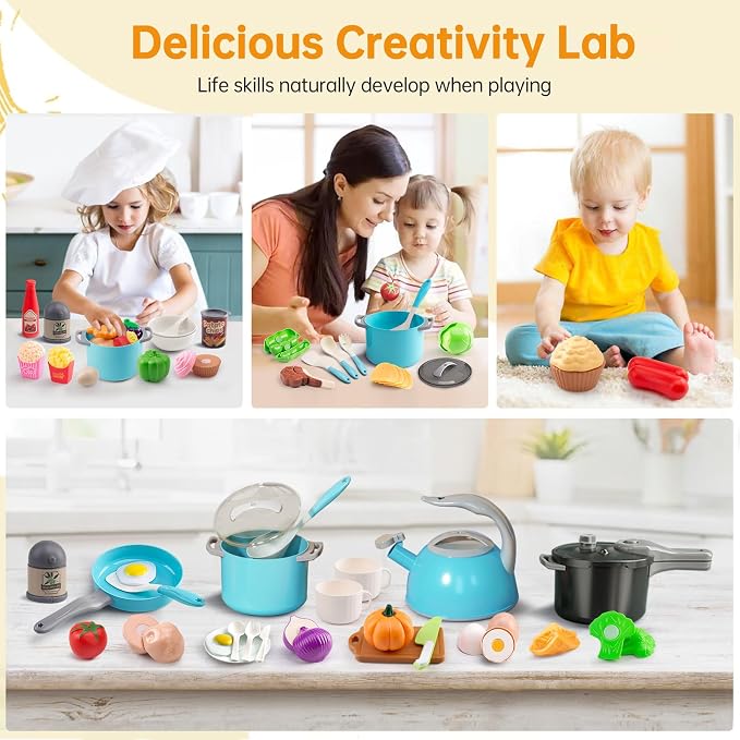 100Pcs Kitchen Playset, Kids Pretend Cooking Play Pots, Pans, Utensils, Cookware, Toy Food Fruits Veggies, with 2 Large Apple - Shaped Storage, Toddler Cooking Learning Gift (Turquoise) - Image 7