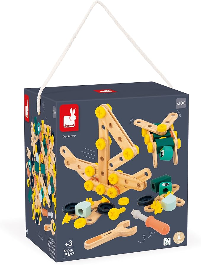 Janod - Brico'Kids J06454 100-Piece Barrel - Building Game Child - 98 Components + 2 Tools - Role Play - Promotes Hand Dexterity and Creativity - From 3 Years - Image 7