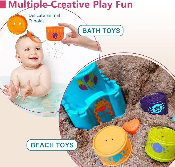 LTKFFFdp Baby Stacking Toys for Toddlers 1-3, Nesting Cups Shape Sorter for Infant 6 to 12-18 Month, Stackable Learning Toy with Blocks, Rattle & Frog Bath Toy, for Girl Boy Birthday - Image 3
