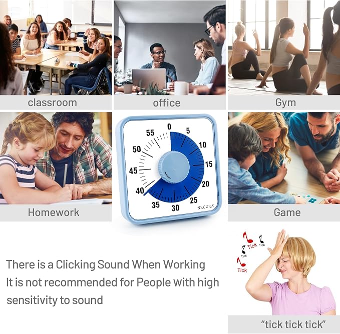 Secura 60-Minute Visual Countdown Timer, 7.5-Inch Oversize Classroom Visual Timer for Kids and Adults, Durable Mechanical Kitchen Timer Clock with Magnetic Backing (Navy Blue) - Image 4