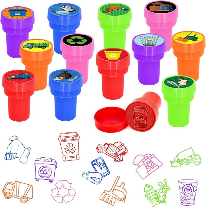 Cinrobiye 24 Pcs Garbage Truck Stampers Party Favor Set, Cute Waste Truck Stamps for Kids Birthday Party, Classroom Rewards, City Vehicle Toys, Goody Bag Fillers, Transportation Themed Party Supplies by Cinrobiye